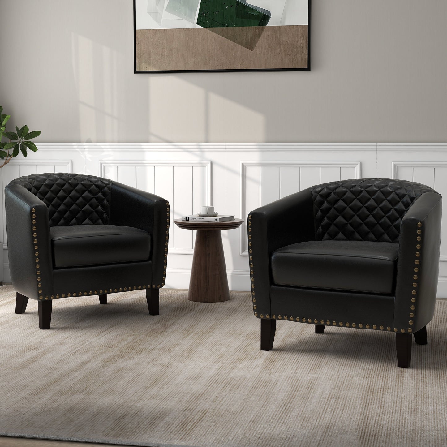 Lot de 2 fauteuils d'appoint cylindriques en similicuir végan de 74 cm de large avec garniture cloutée
