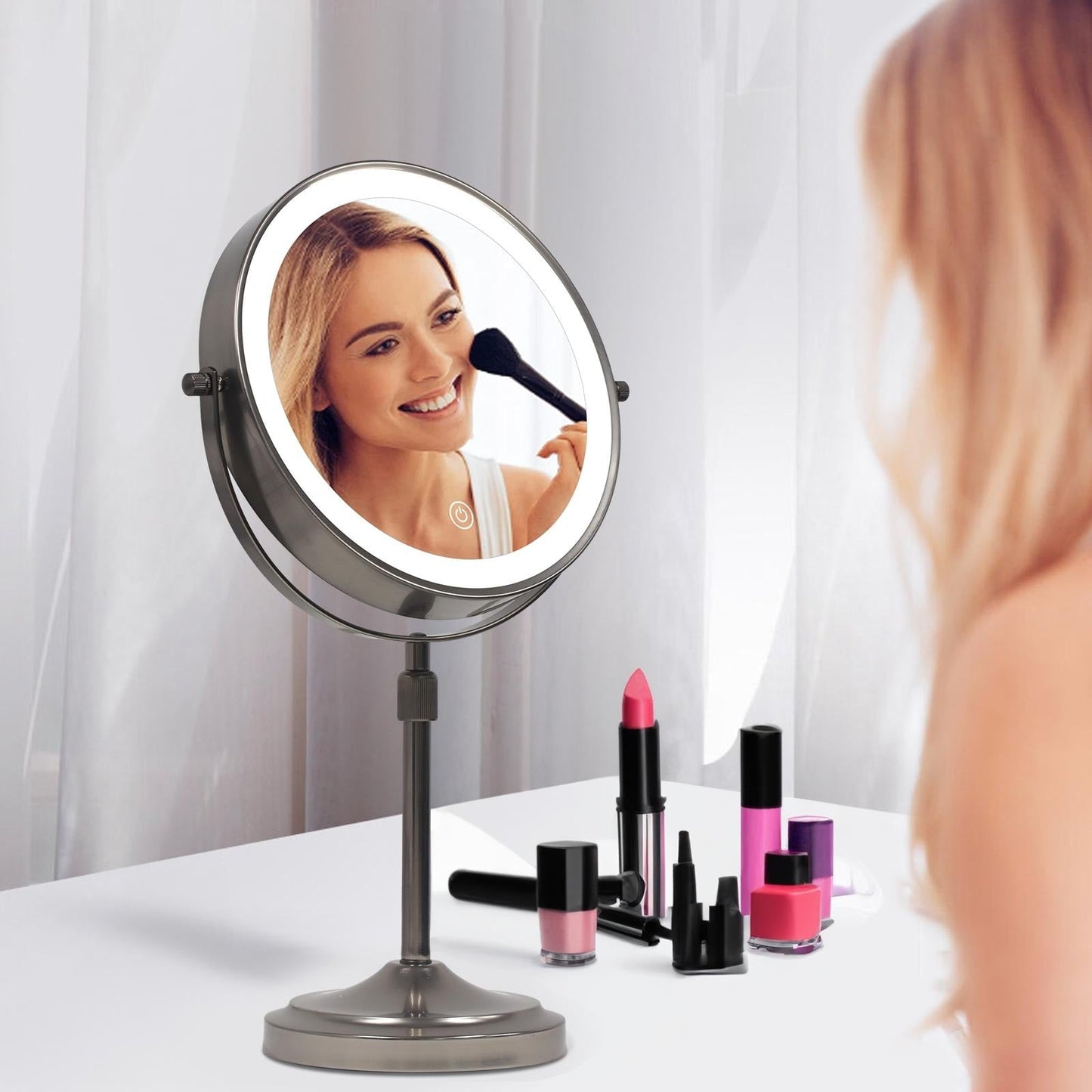 Miroir de maquillage lumineux à 9 LED, miroir grossissant double face avec grossissement 1x/10x, 3 couleurs d'éclairage