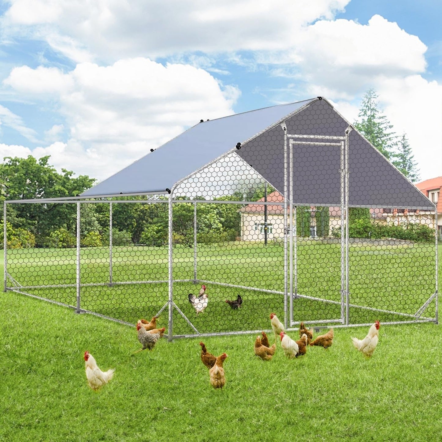 AECOJOY Grand poulailler métallique avec enclos et cage à poules accessibles à pied
