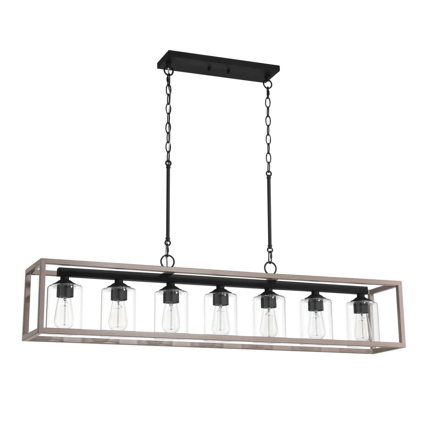 Lustre linéaire rectangulaire Allegray de style ferme, 7 lumières, 132 cm (52 po), suspension pour îlot de cuisine.