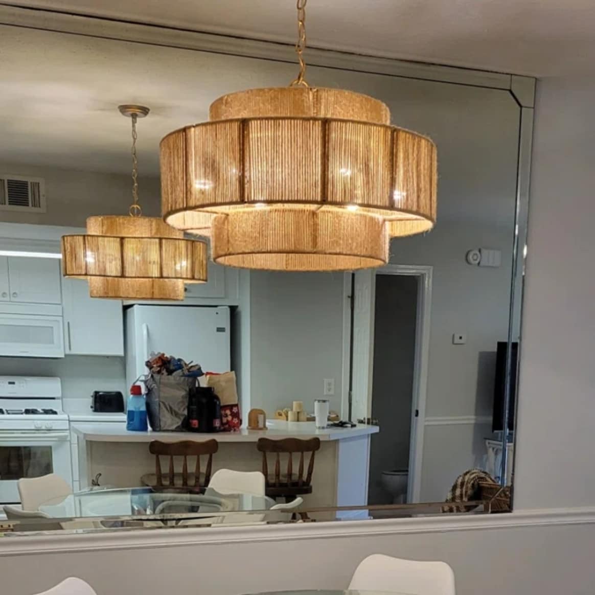 Lustre tambour à plusieurs niveaux en corde de chanvre marron de style bohème - 23,62 cm de largeur x 15,16 cm de hauteur