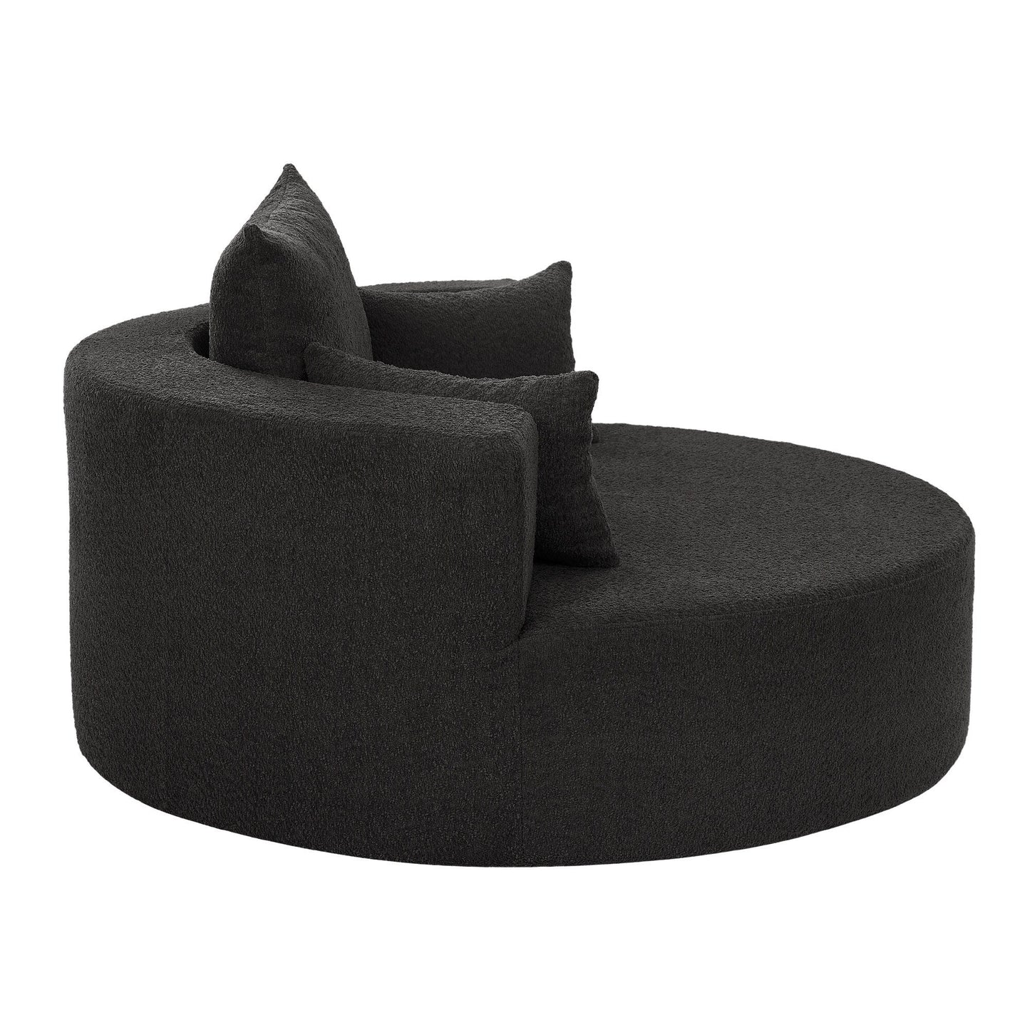 Fauteuil lounge rond en chenille, avec accoudoirs et base pivotante à 360° et 3 coussins amovibles
