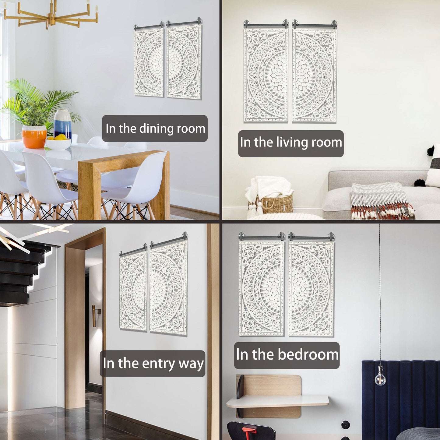 Ensemble de 2 tableaux muraux en bois blanc ivoire vieilli, représentant des fleurs et ornés de détails noirs.