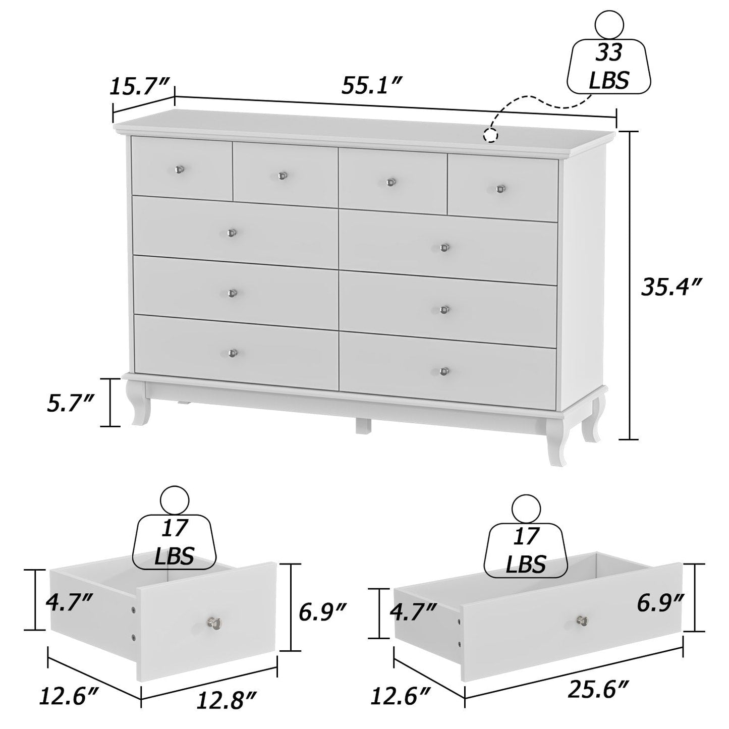 Commode double à 10 tiroirs pour chambre à coucher, blanche, grand espace de rangement