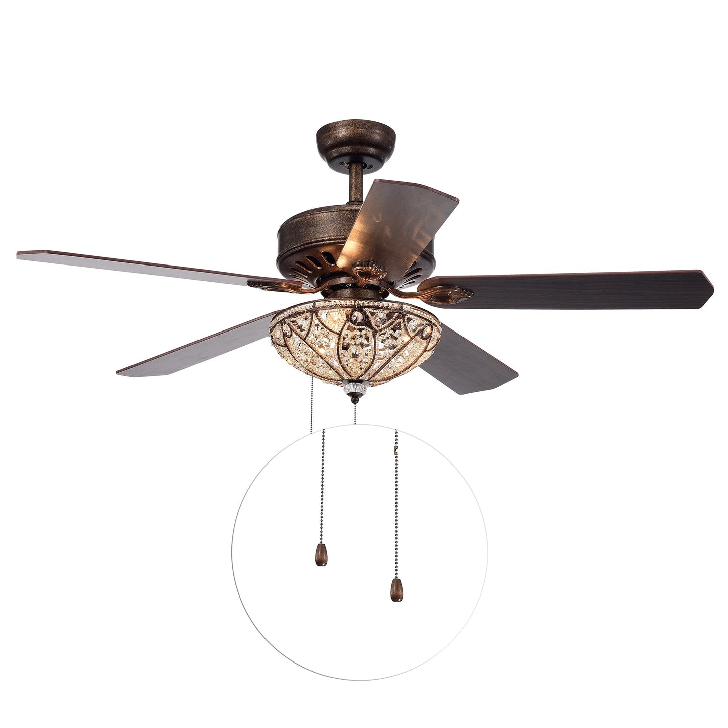 Ventilateur de plafond Gliska à 5 pales, finition bronze rustique, avec abat-jour en cristal