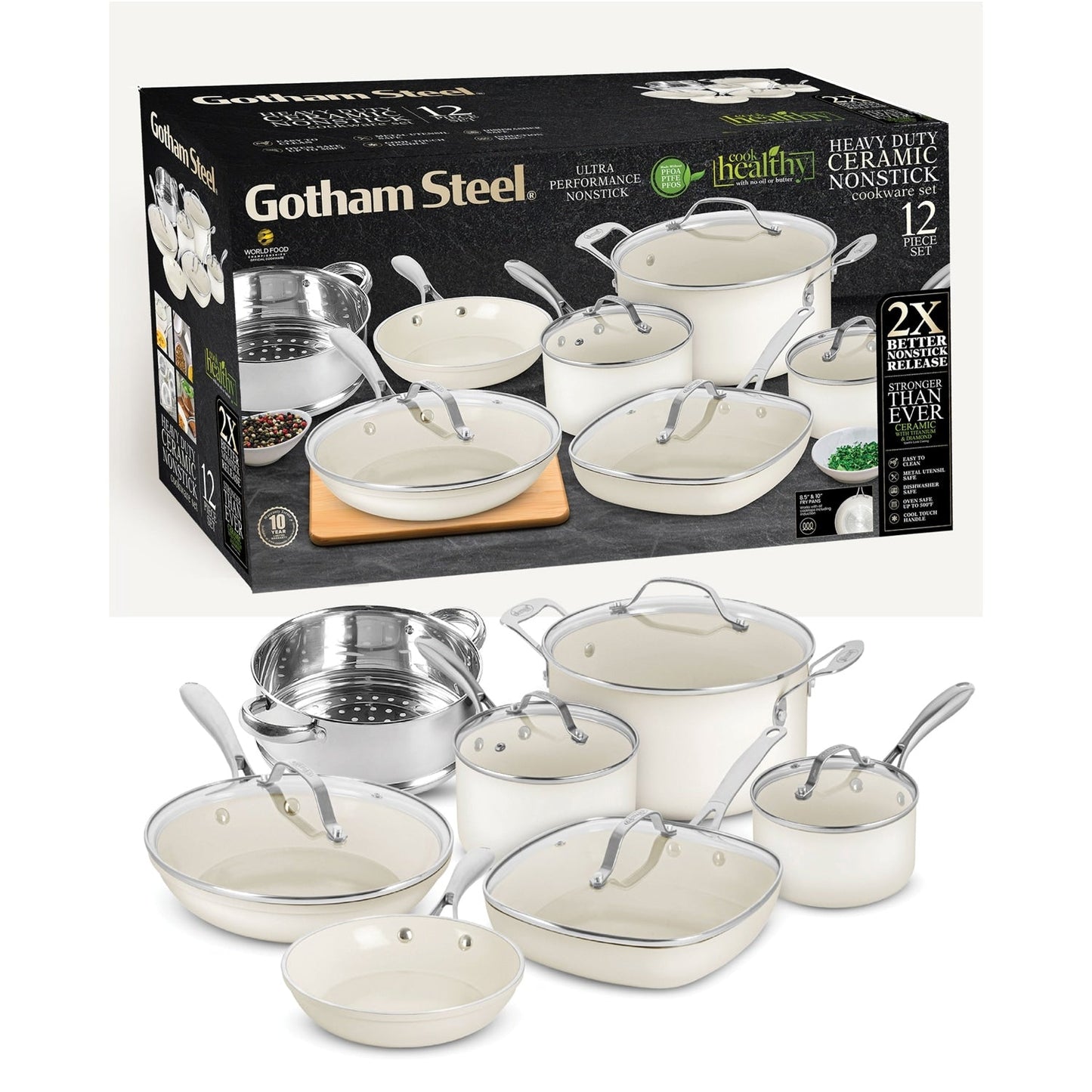 Ensemble de 12 pièces de casseroles et poêles Gotham Steel couleur crème, en céramique ultra antiadhésive avec poignées isolantes