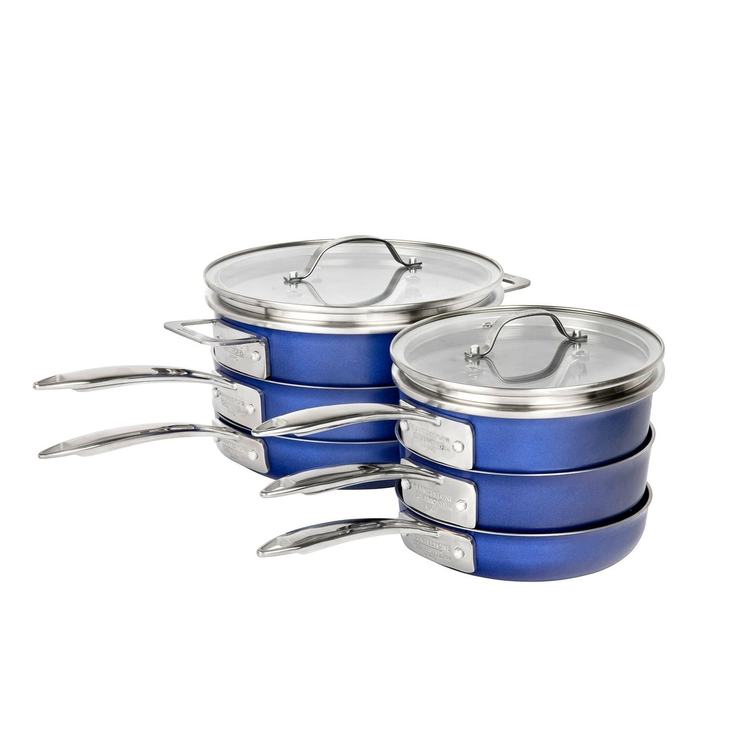 Batterie de cuisine antiadhésive Stackmaster 15 pièces Granitestone Blue avec couvercles en verre
