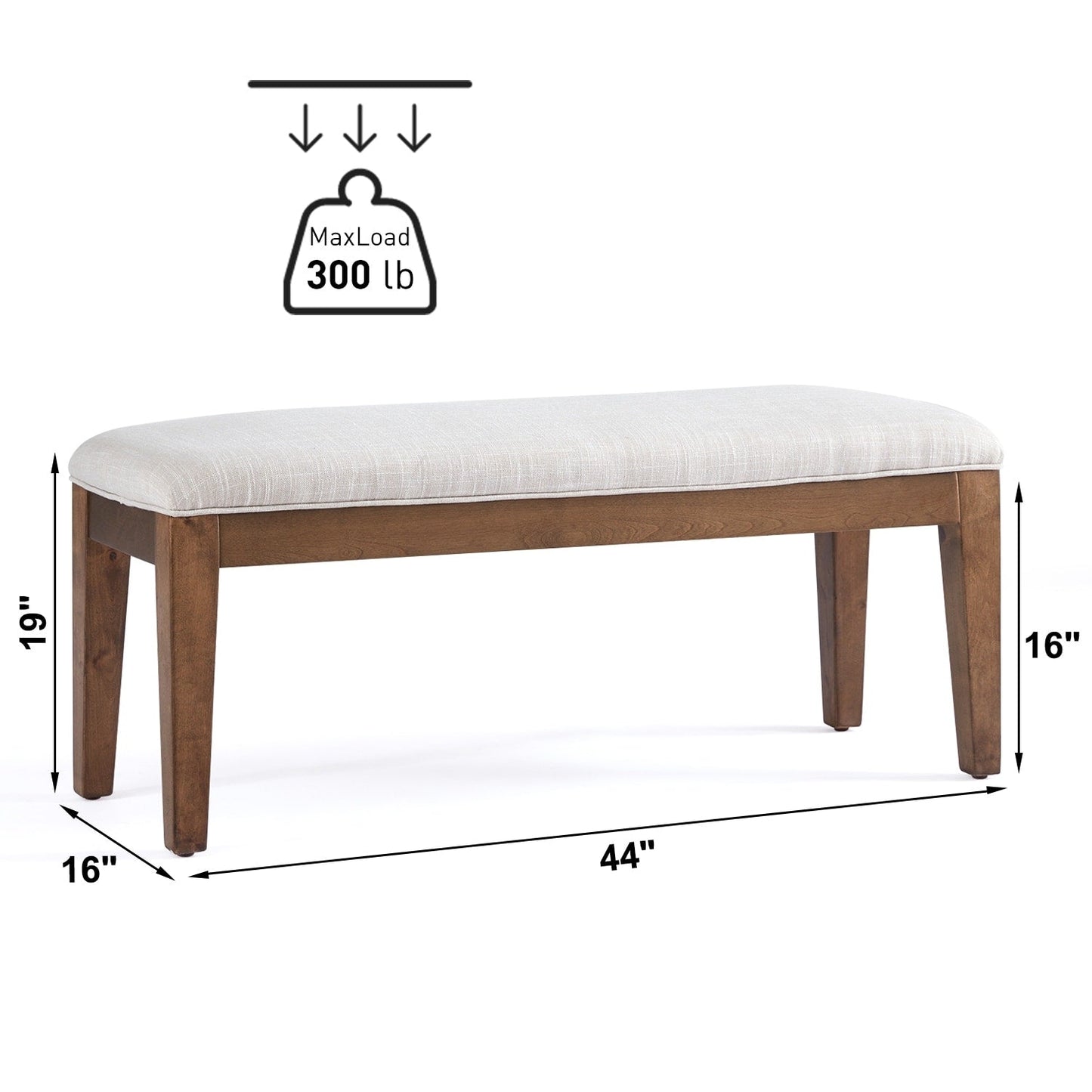 Banc d'entrée rembourré en tissu, banc de chambre à coucher pour pied de lit, beige, bois massif, 112 cm (44 pouces).