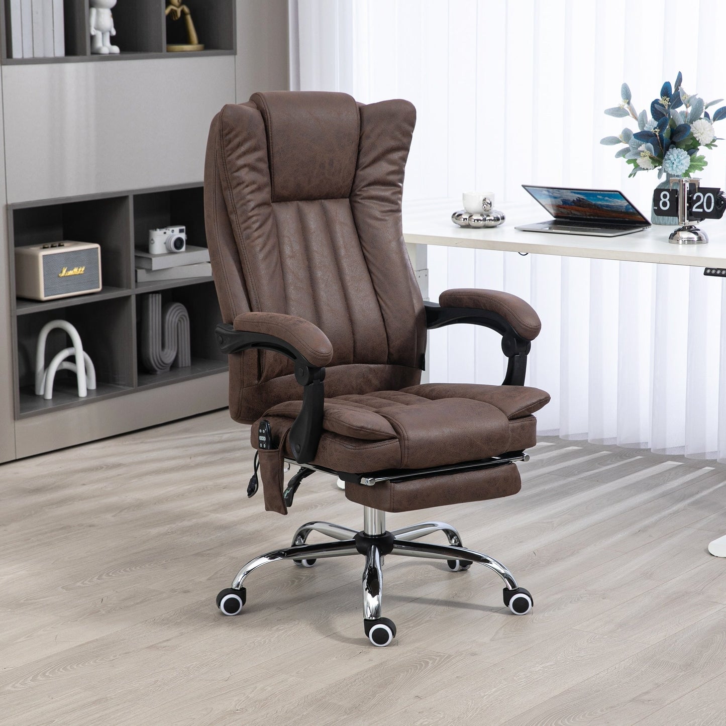Fauteuil de bureau ergonomique inclinable à dossier haut en microfibre avec massage, fonction chauffante, repose-pieds et télécommande