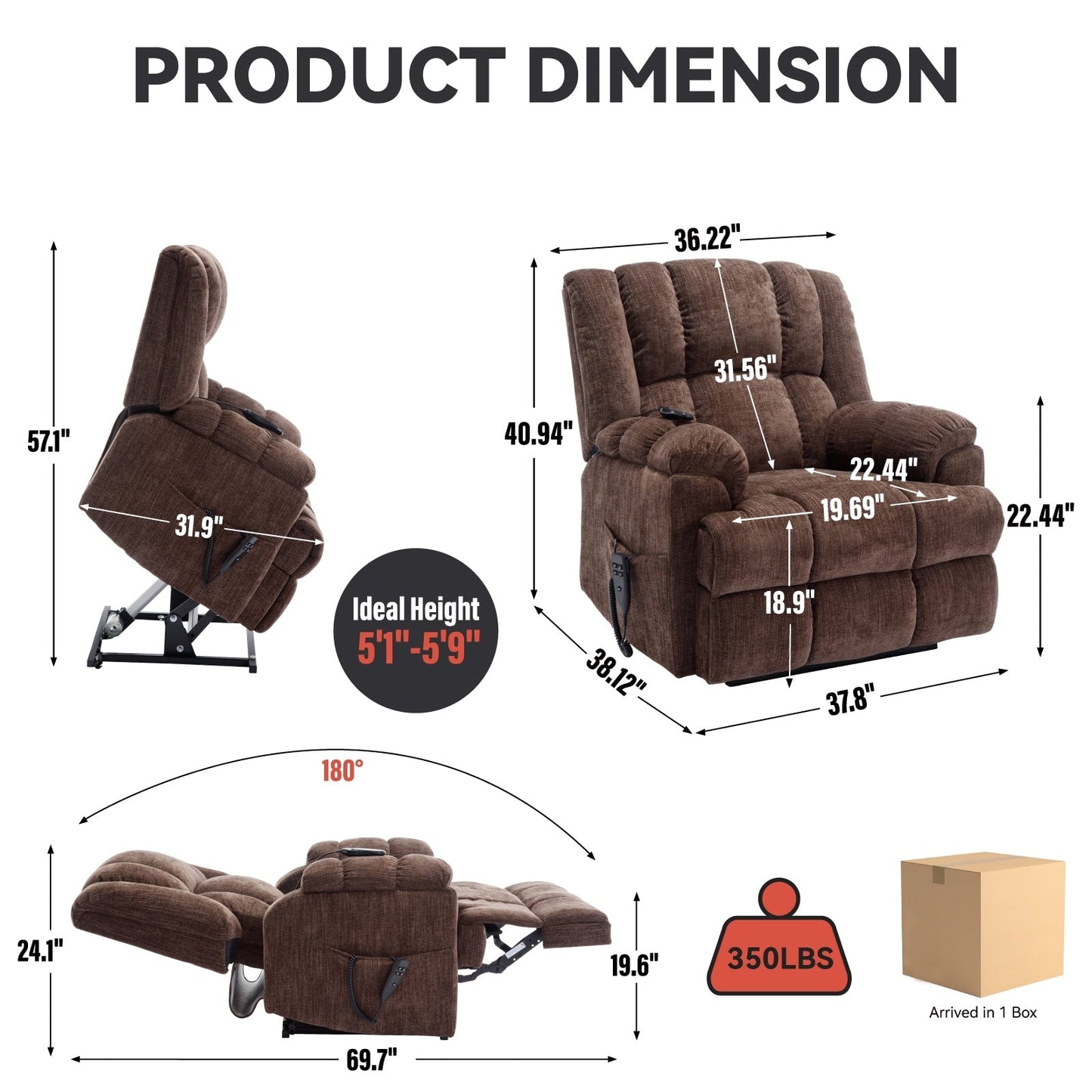 Fauteuil inclinable électrique surdimensionné en chenille avec massage et chauffage lombaire, inclinaison à positions infinies