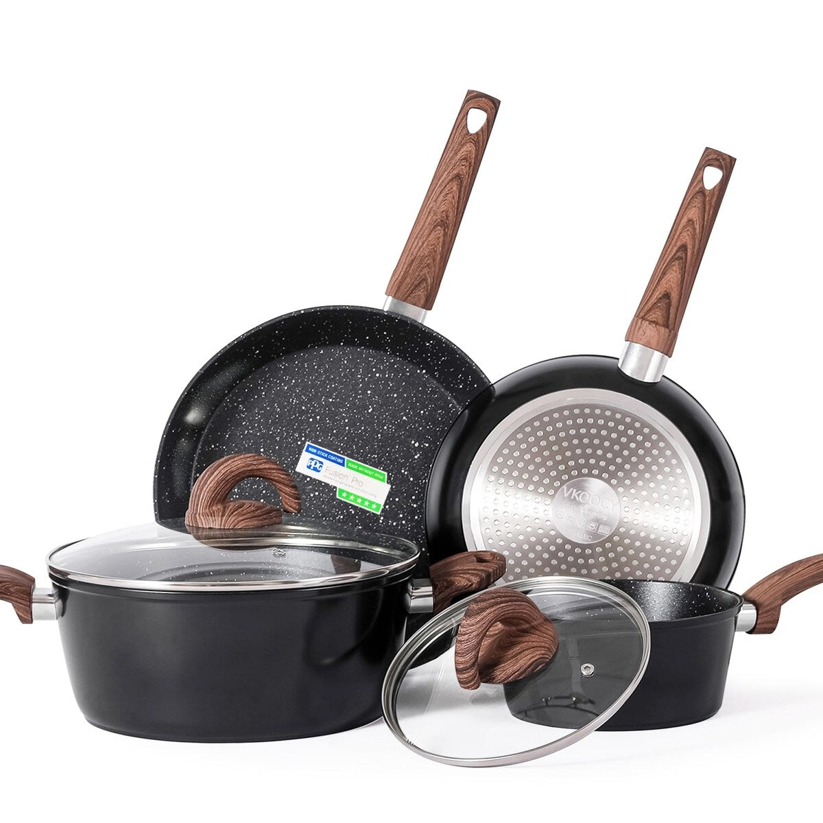 Ensemble de casseroles et poêles antiadhésives, batterie de cuisine en céramique à motifs, compatible induction, comprenant poêles à frire et cocotte avec couvercles.