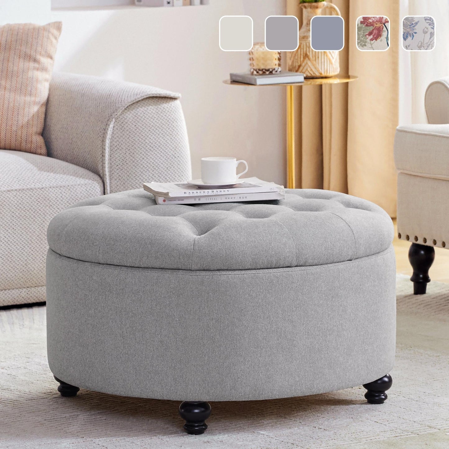 Pouf de rangement rond capitonné grand format, repose-pieds beige/gris/bleu