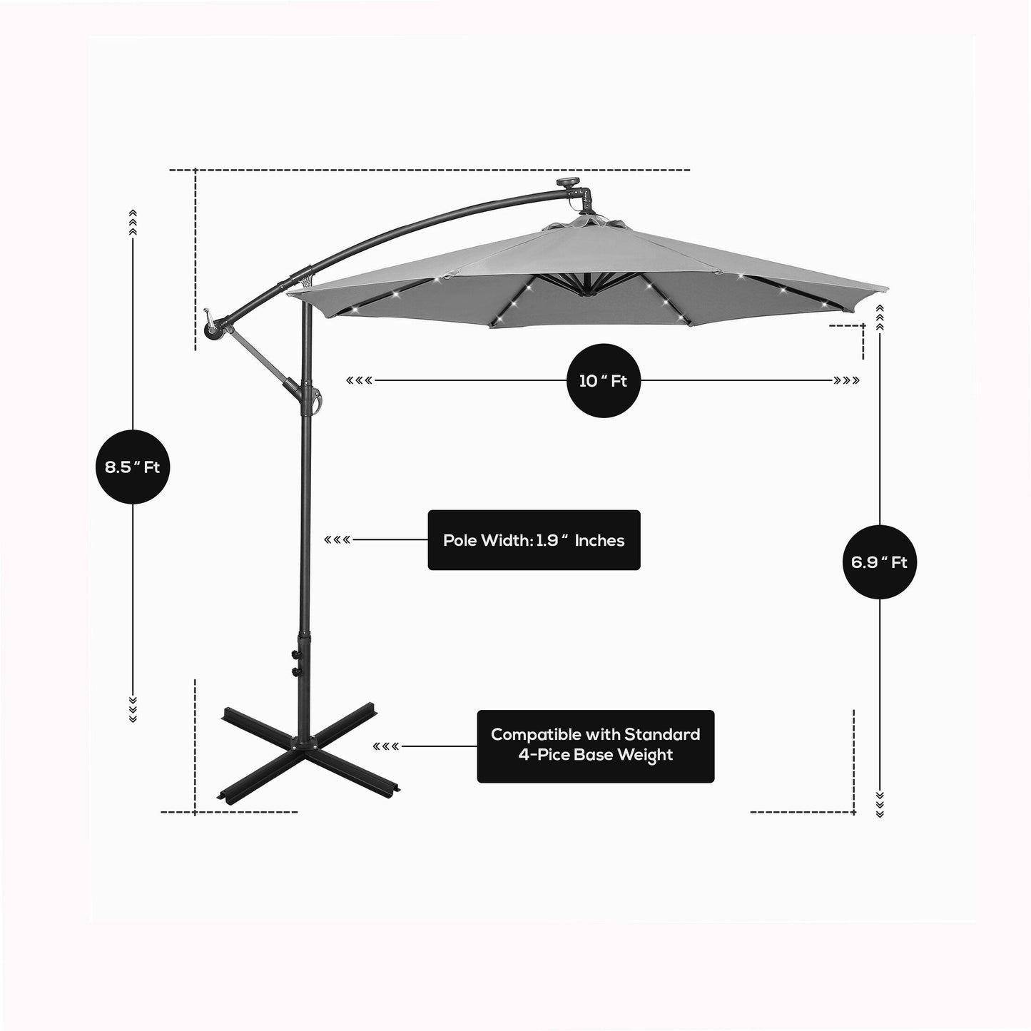 Parasol de terrasse lumineux à énergie solaire de 3 m avec pied