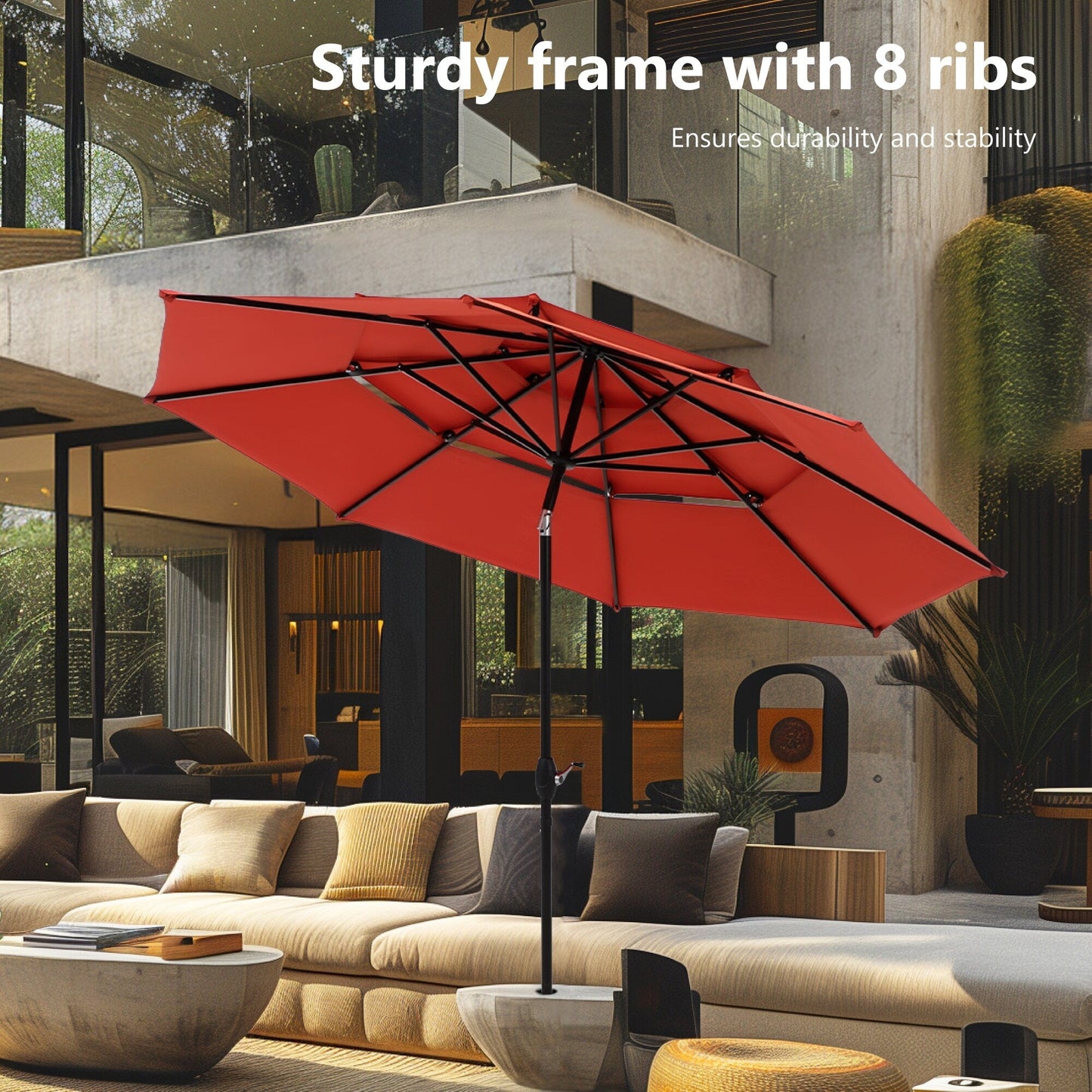 Parasol de terrasse MAISON ARTS de 3 m (10 pi) à 3 niveaux, à inclinaison automatique, double ventilation et éclairage LED