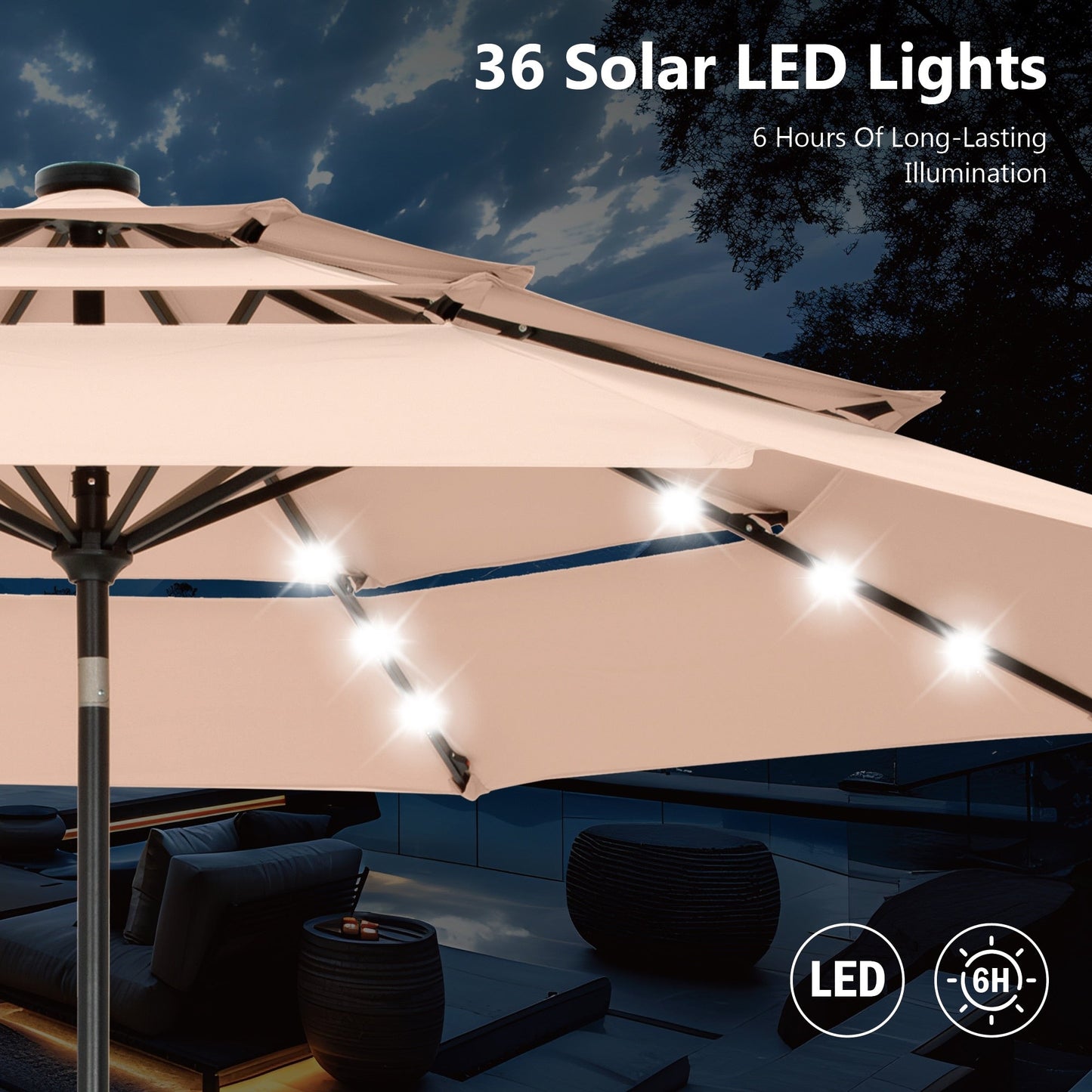 Parasol de terrasse MAISON ARTS de 3 m (10 pi) à 3 niveaux, à inclinaison automatique, double ventilation et éclairage LED