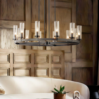 Lustre cylindrique moderne du milieu du siècle à 12 lumières en verre transparent, forme de roue de chariot, or et noir, grand modèle