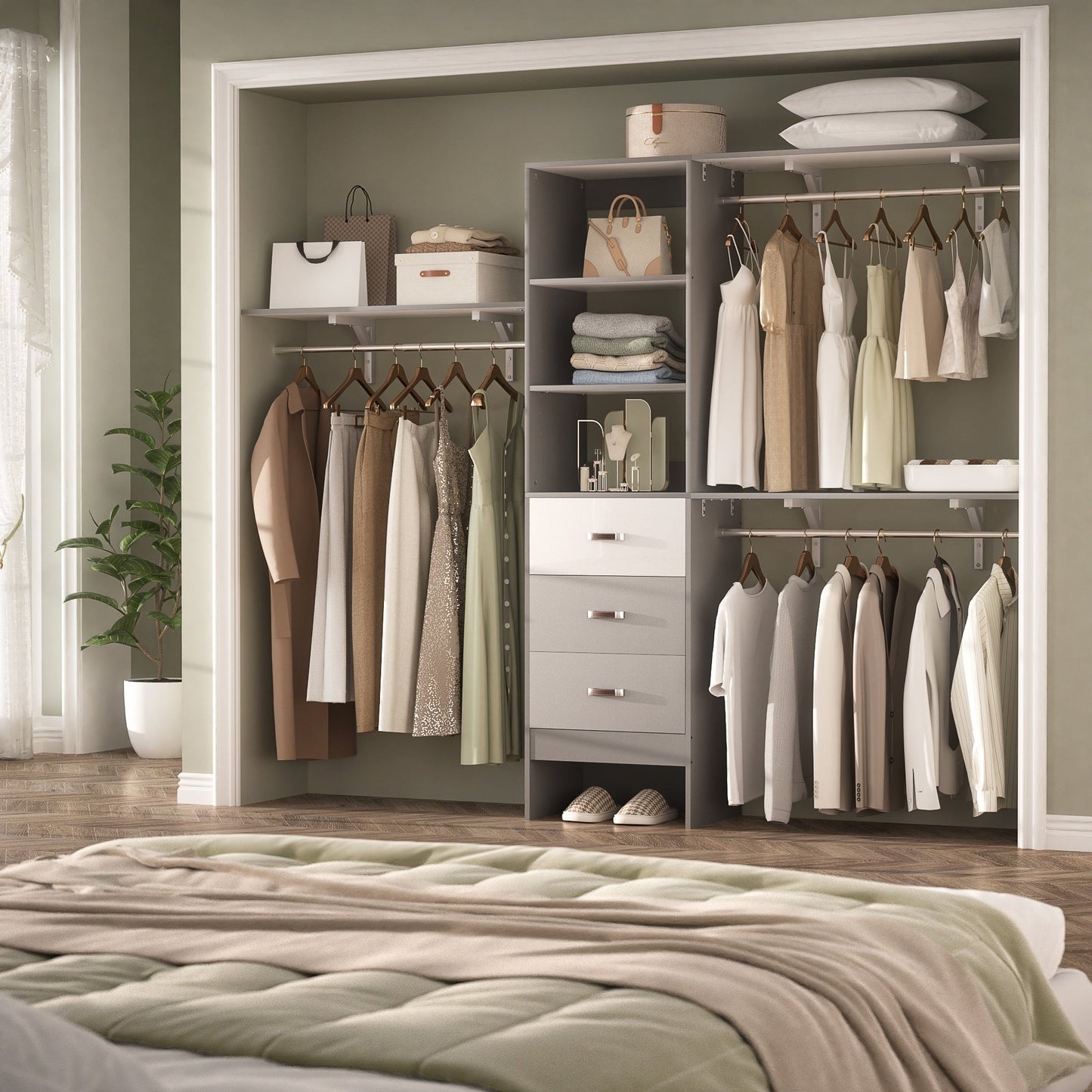 Organisateur de placard ajustable Rackcog 120'' avec tiroirs, système de placard avec étagères à monter soi-même pour placards et dressings