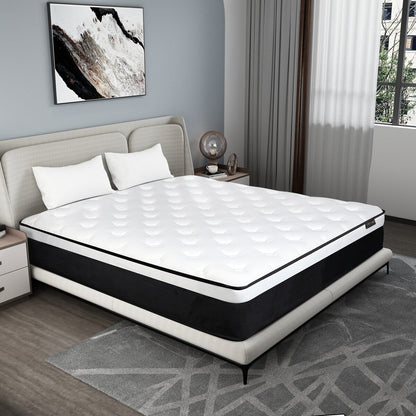Matelas hybride en mousse à mémoire de forme de fermeté moyenne, livré dans une boîte.