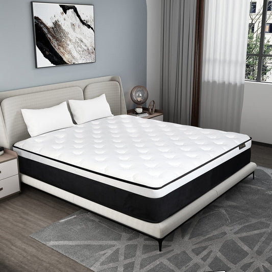Matelas hybride en mousse à mémoire de forme de fermeté moyenne, livré dans une boîte.