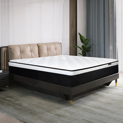 Matelas hybride en mousse à mémoire de forme de fermeté moyenne, livré dans une boîte.
