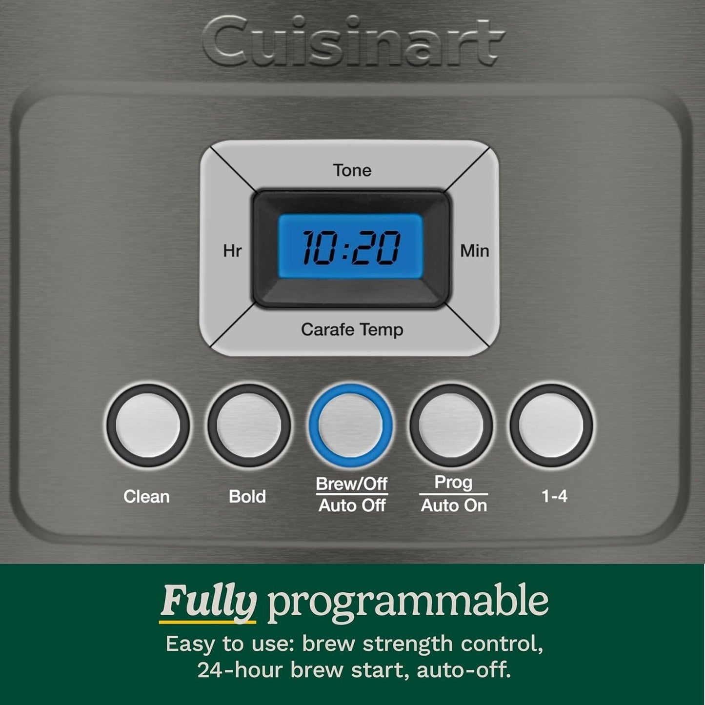 Cafetière programmable 14 tasses, carafe en verre, contrôle de l'intensité du café, réglage de 1 à 4 tasses, acier inoxydable noir
