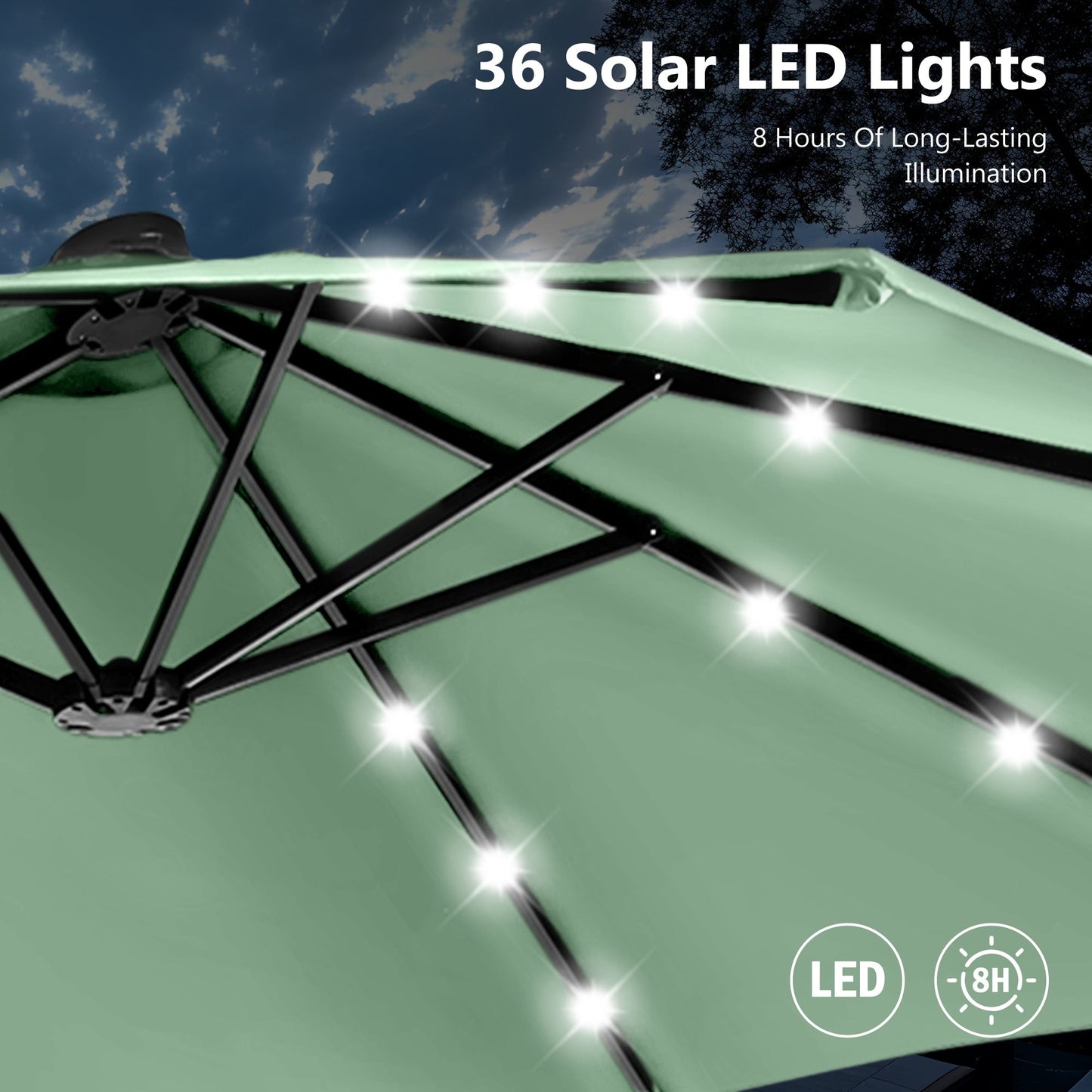 Parasol de marché d'extérieur rectangulaire à manivelle double face MAISON ARTS de 4,57 m (15 pi), avec éclairage solaire à DEL et base incluse