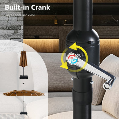 Parasol de marché d'extérieur rectangulaire à manivelle double face MAISON ARTS de 4,57 m (15 pi), avec éclairage solaire à DEL et base incluse