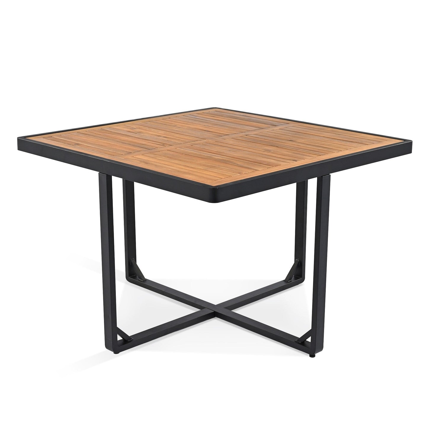 Ensemble de salle à manger de patio en bois d'acacia 18 pièces, comprenant 8 chaises rembourrées, 8 poufs et 2 tables carrées