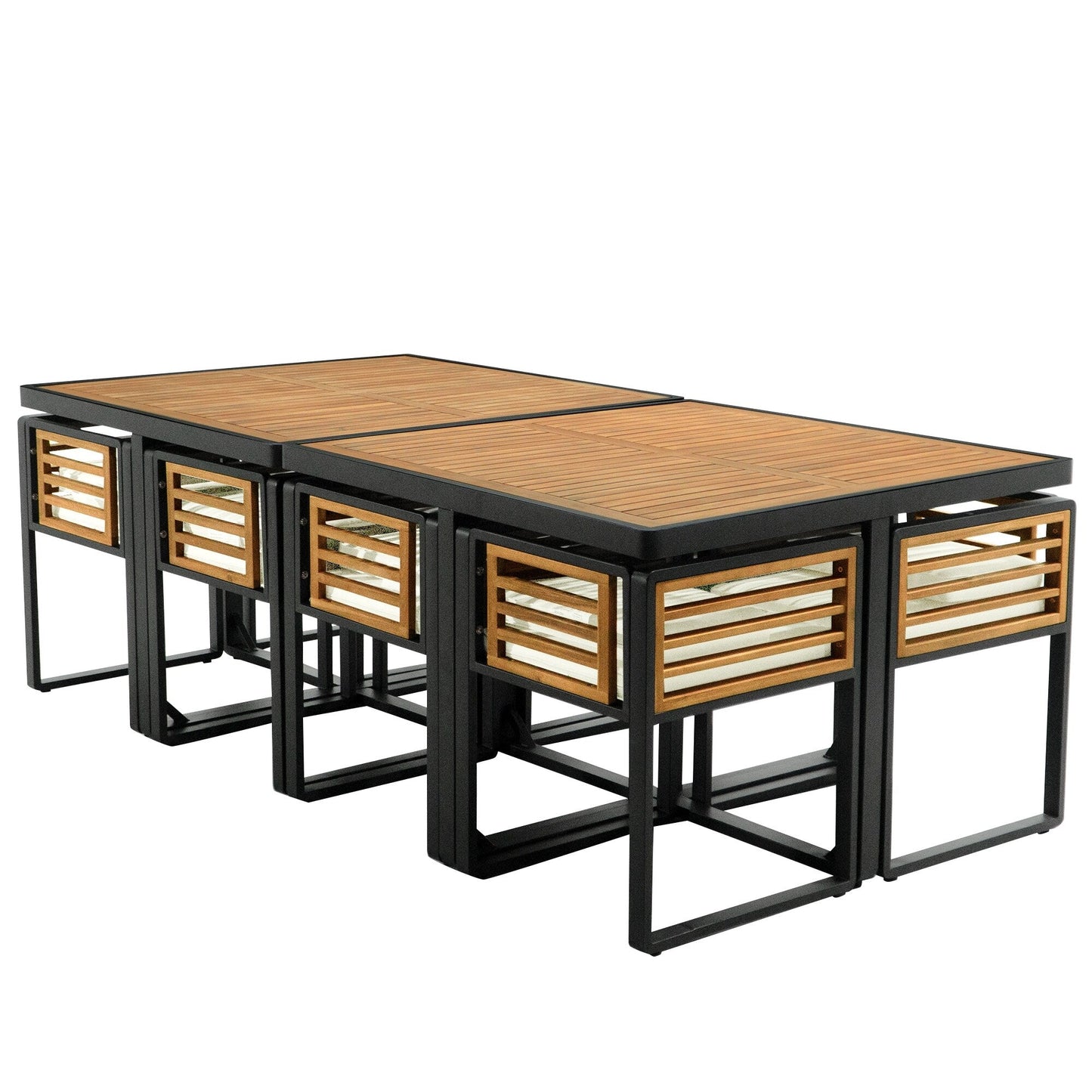 Ensemble de salle à manger de patio en bois d'acacia 18 pièces, comprenant 8 chaises rembourrées, 8 poufs et 2 tables carrées