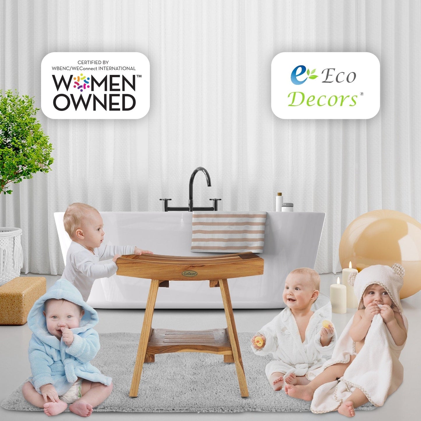 EcoDecors, Serenity, Banc de douche en teck, Tabouret de douche en teck, Banc de douche d'angle en teck, 45,7 cm (18 pouces), Avec étagère