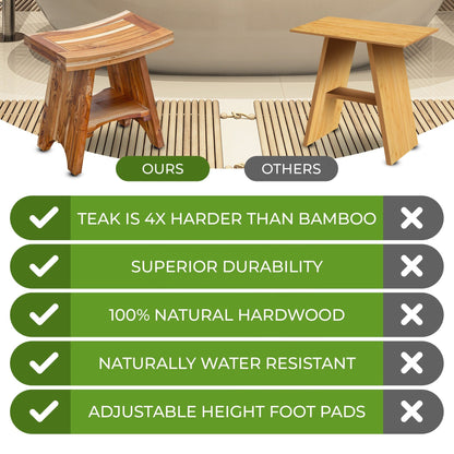 EcoDecors, Serenity, Banc de douche en teck, Tabouret de douche en teck, Banc de douche d'angle en teck, 45,7 cm (18 pouces), Avec étagère
