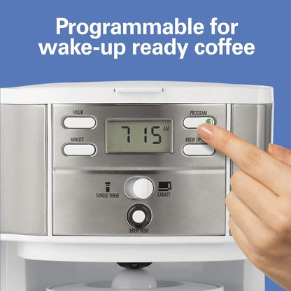 Cafetière 2 en 1 (12 tasses) et dosette individuelle, carafe en verre, pause et versement automatiques, blanche