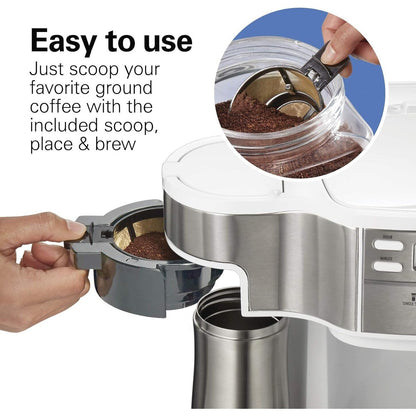 Cafetière 2 en 1 (12 tasses) et dosette individuelle, carafe en verre, pause et versement automatiques, blanche