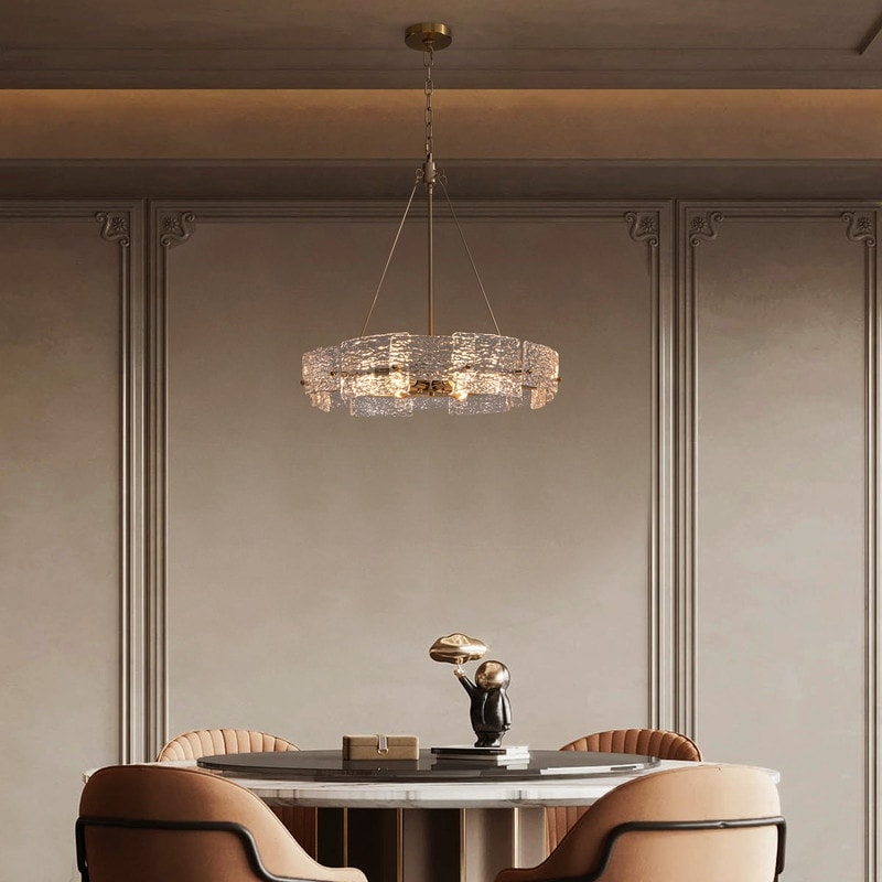 Lustre moderne en cristal doré de 60 cm (23,6 po) avec suspension tambour glamour à 6 lumières, idéal pour îlot de cuisine ou salle à manger.