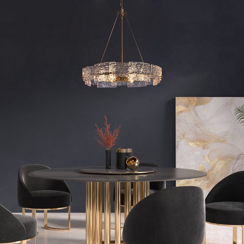 Lustre moderne en cristal doré de 60 cm (23,6 po) avec suspension tambour glamour à 6 lumières, idéal pour îlot de cuisine ou salle à manger.