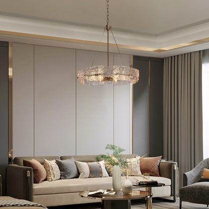 Lustre moderne en cristal doré de 60 cm (23,6 po) avec suspension tambour glamour à 6 lumières, idéal pour îlot de cuisine ou salle à manger.