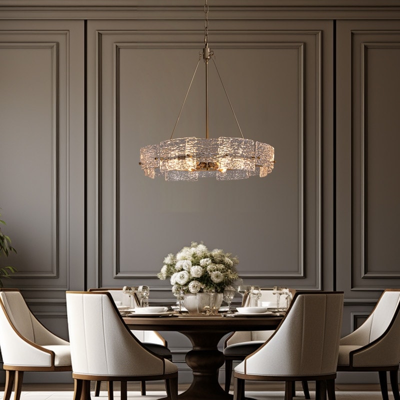 Lustre moderne en cristal doré de 60 cm (23,6 po) avec suspension tambour glamour à 6 lumières, idéal pour îlot de cuisine ou salle à manger.