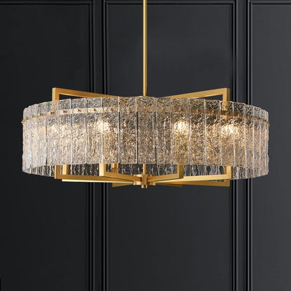 Lustre tambour moderne doré de 66 cm (26 po) en cristal, suspension à 6 lumières avec variateur, verre dépoli, idéal pour îlot de cuisine ou salle à manger.