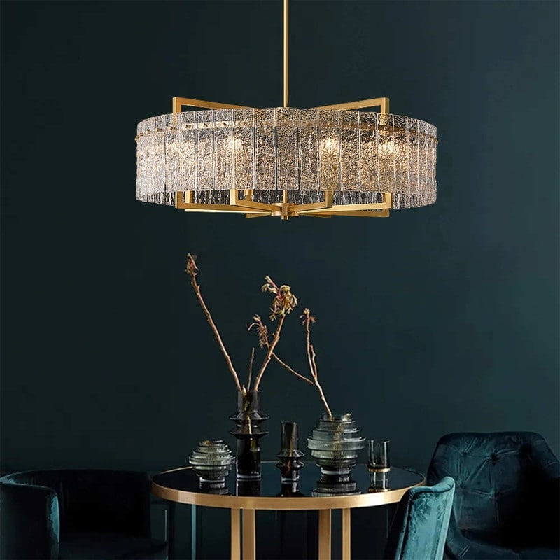 Lustre tambour moderne doré de 66 cm (26 po) en cristal, suspension à 6 lumières avec variateur, verre dépoli, idéal pour îlot de cuisine ou salle à manger.