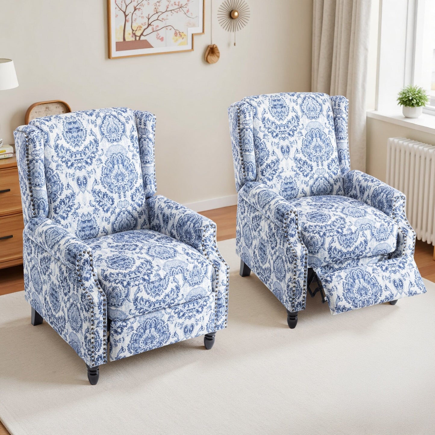 Ensemble de 2 fauteuils inclinables manuels à motif floral vintage de 74 cm de large