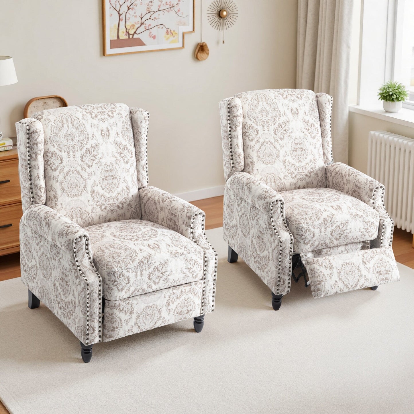 Ensemble de 2 fauteuils inclinables manuels à motif floral vintage de 74 cm de large