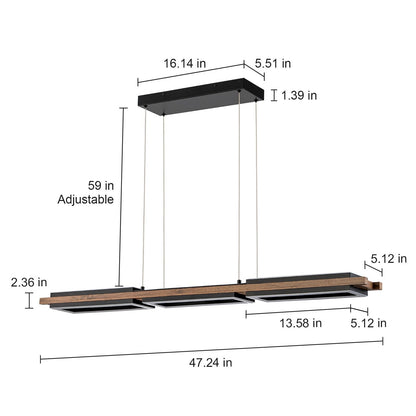 Lustre linéaire en bois à 3 ou 5 lumières LED intégrées, suspension pour îlot de cuisine