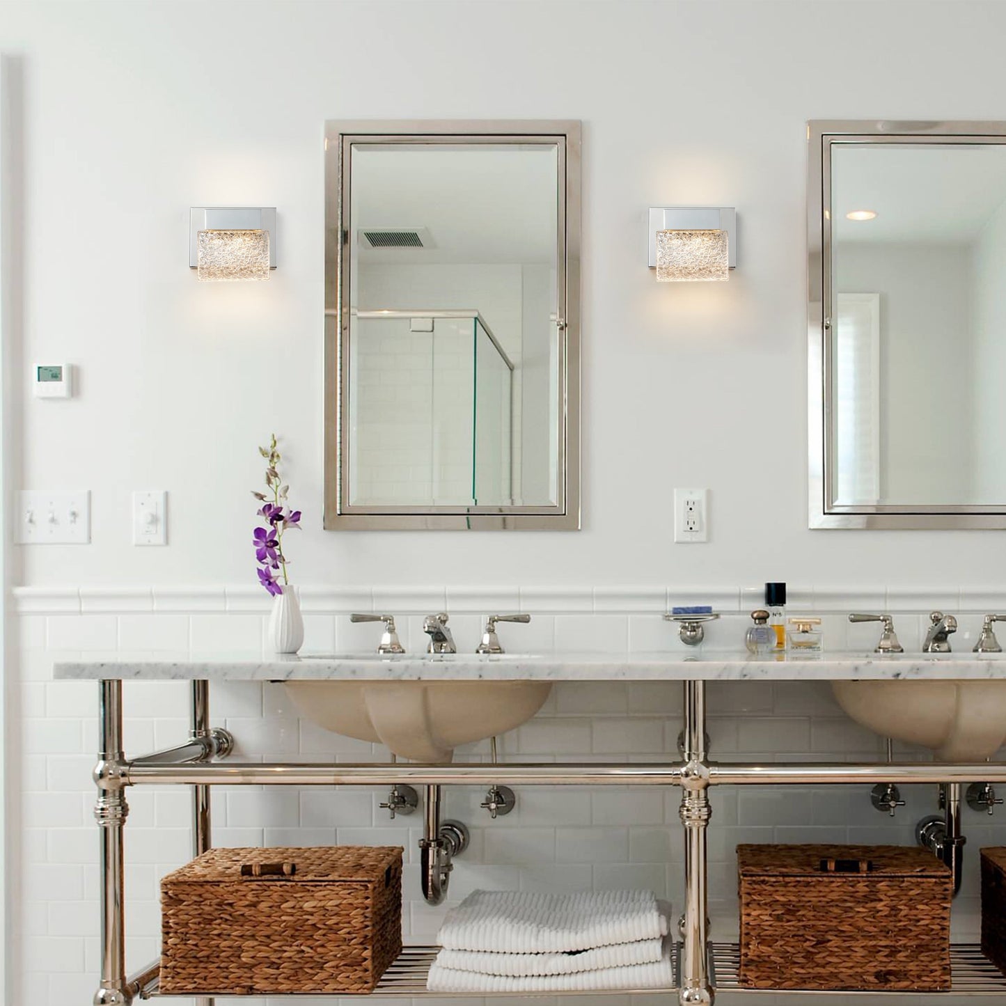 Applique murale LED intégrée C Cattleya en acier inoxydable 3000K avec abat-jour en verre artistique - Chrome