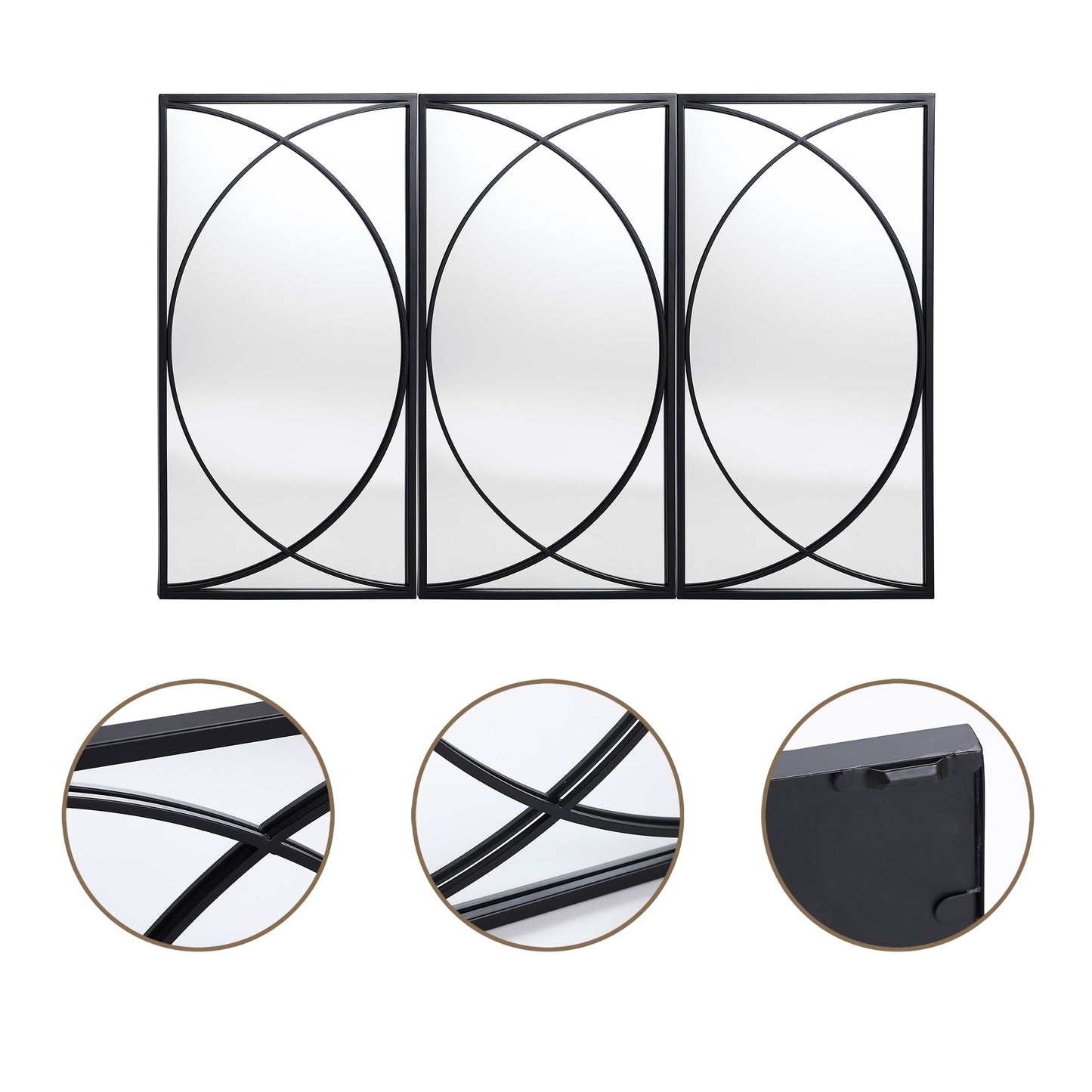 Ensemble de 3 miroirs muraux rectangulaires en métal noir - 31,9 cm (H) x 15,75 cm (L) x 0,75 cm (P)