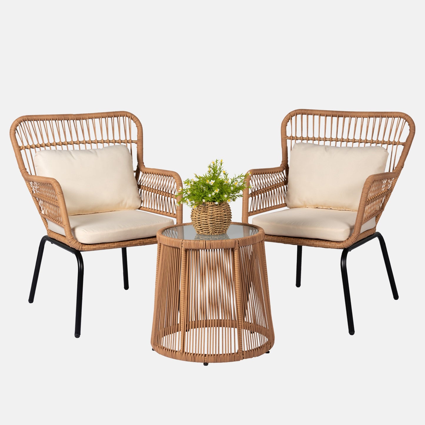 Ensemble bistro de conversation en résine tressée 3 pièces pour extérieur, mobilier de patio en rotin résistant aux intempéries avec coussins