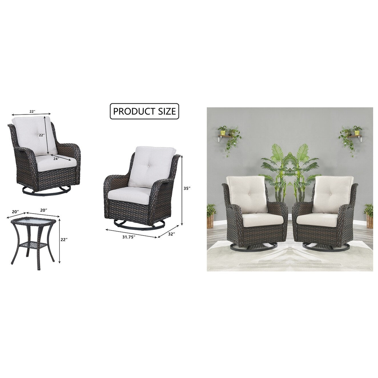 Gymojoy Fauteuil à bascule pivotant d'extérieur en résine tressée 3 pièces avec coussin et table