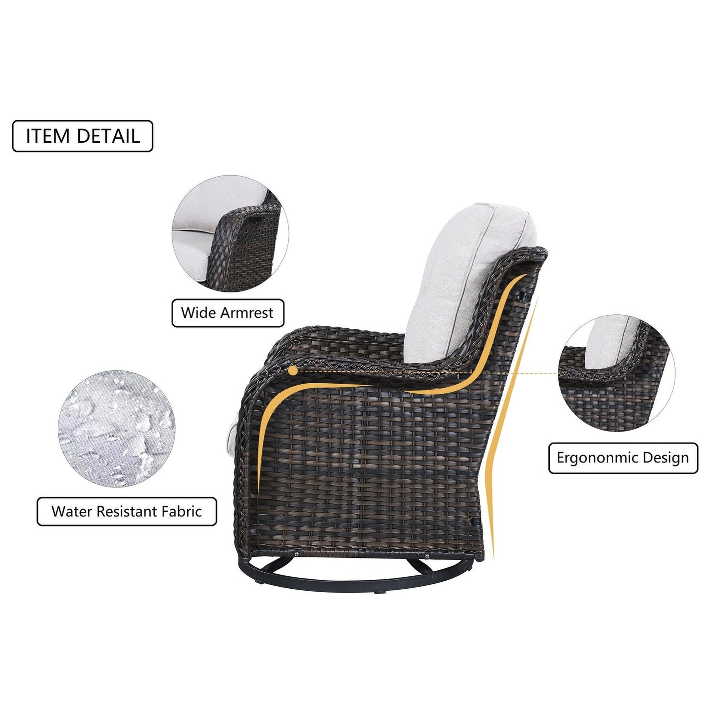 Gymojoy Fauteuil à bascule pivotant d'extérieur en résine tressée 3 pièces avec coussin et table