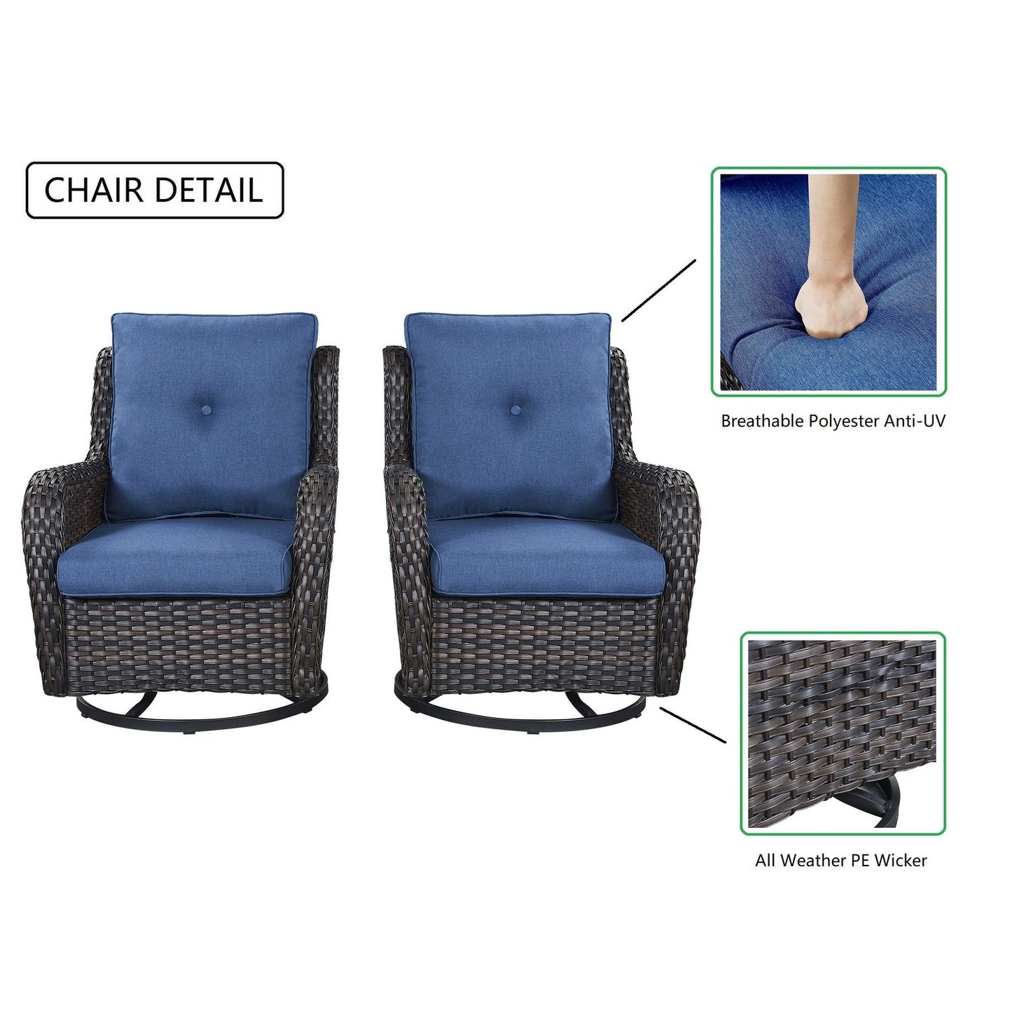 Gymojoy Fauteuil à bascule pivotant d'extérieur en résine tressée 3 pièces avec coussin et table