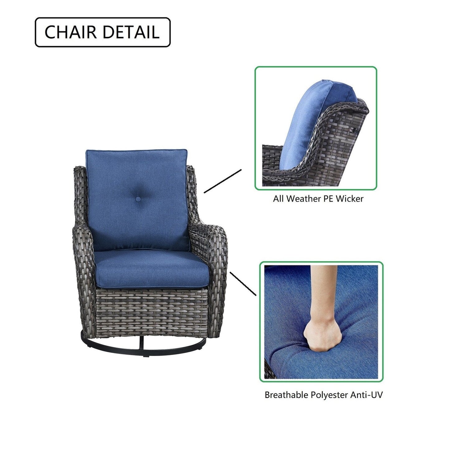 Gymojoy Fauteuil à bascule pivotant d'extérieur en résine tressée 3 pièces avec coussin et table