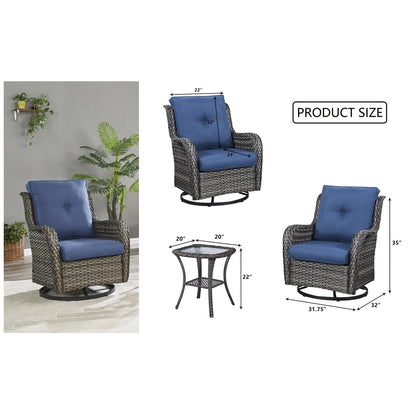 Gymojoy Fauteuil à bascule pivotant d'extérieur en résine tressée 3 pièces avec coussin et table